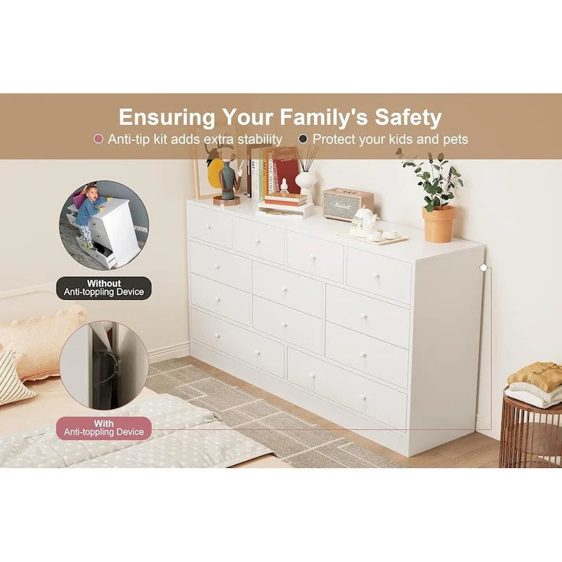 Commode à 12 tiroirs pour chambre à coucher, commode en bois de 155 cm avec prise électrique