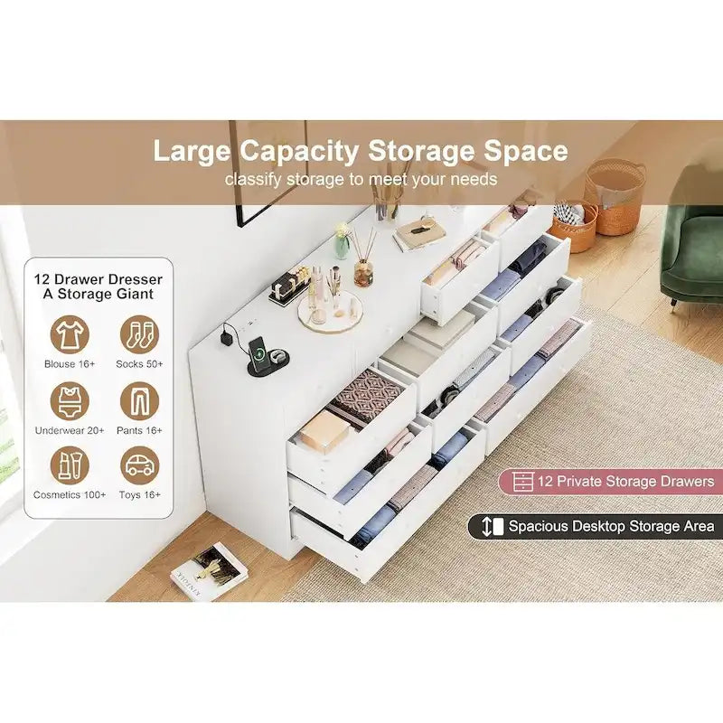 Commode à 12 tiroirs pour chambre à coucher, commode en bois de 155 cm avec prise électrique