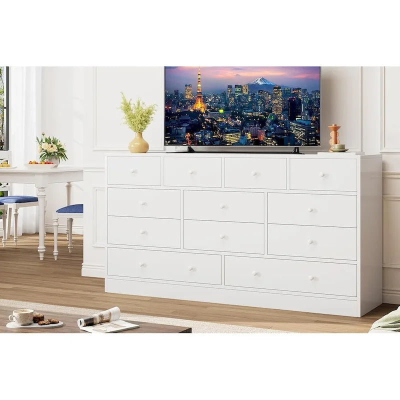 Commode à 12 tiroirs pour chambre à coucher, commode en bois de 155 cm avec prise électrique