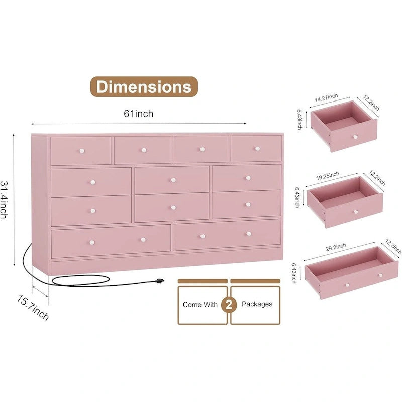 Commode à 12 tiroirs pour chambre à coucher, commode en bois de 155 cm avec prise électrique