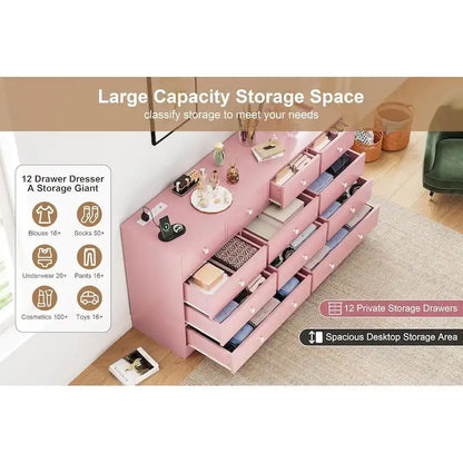 Commode à 12 tiroirs pour chambre à coucher, commode en bois de 155 cm avec prise électrique