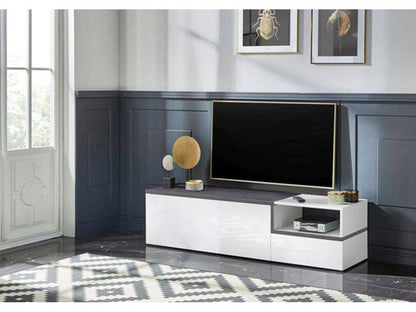 Meuble TV Meublita Buffet bas de salon avec 2 portes Base pour meuble TV Made in Italy 160x40h46 cm Blanc brillant et ardoise