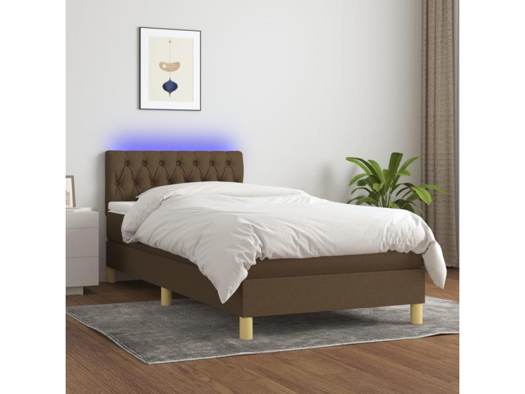 Sommier tapissier matelas et LED Marron foncé 100x200cm Tissu
