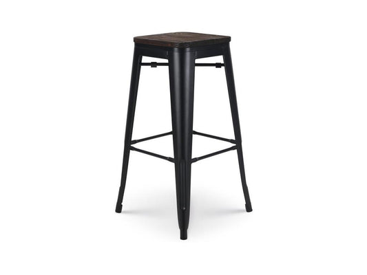 Tabouret de bar en métal noir mat style industriel et assise en bois foncé - Hauteur 76 cm