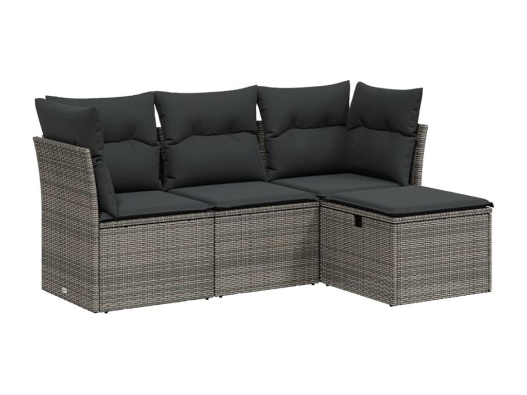 Salon de jardin 4 pcs avec coussins gris résine tressée