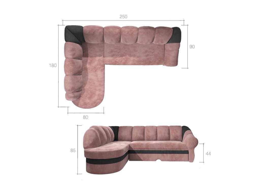 Canapé d'angle droit convertible velours bleu marine et gris clair Meublita 250cm