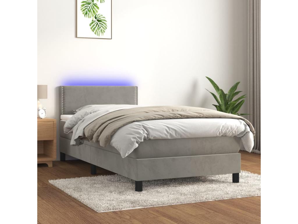 Sommier tapissier matelas et LED Gris clair 100x200 cm Velours