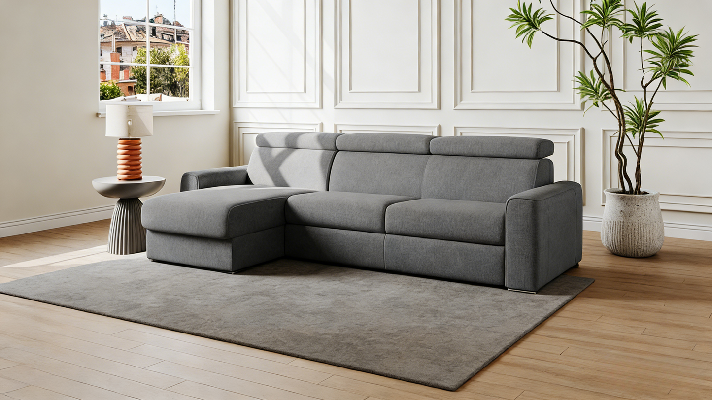 Canapé d'angle réversible convertible express en tissu gris - Couchage 160 cm - Matelas 18 cm - Meublita