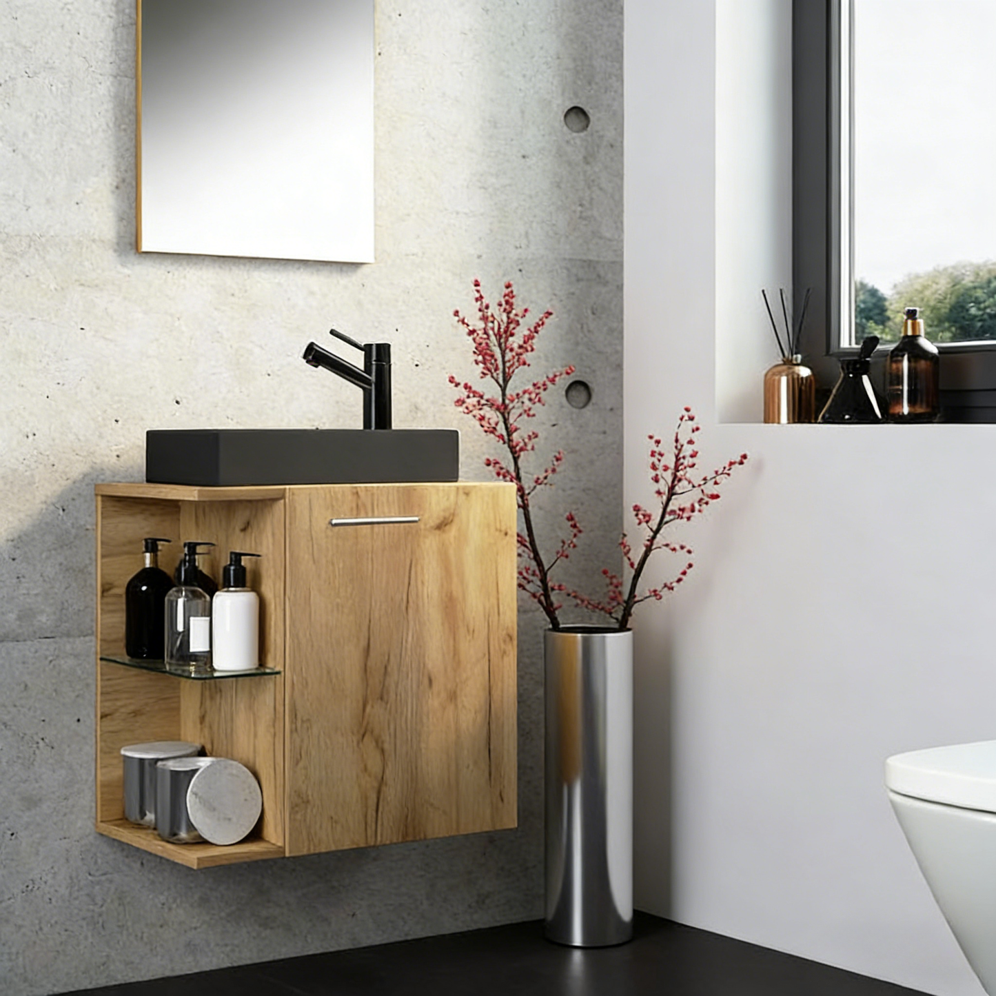 Doucezen 3-pièces ensemble de meubles de salle de bains WC invités lavabo petit étroit Hausa SC BL chêne miel