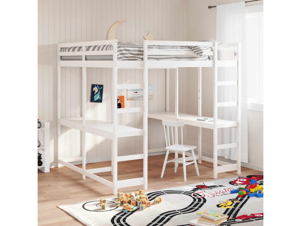 Lit superposé et bureau et échelle 200x200cm bois de pin massif