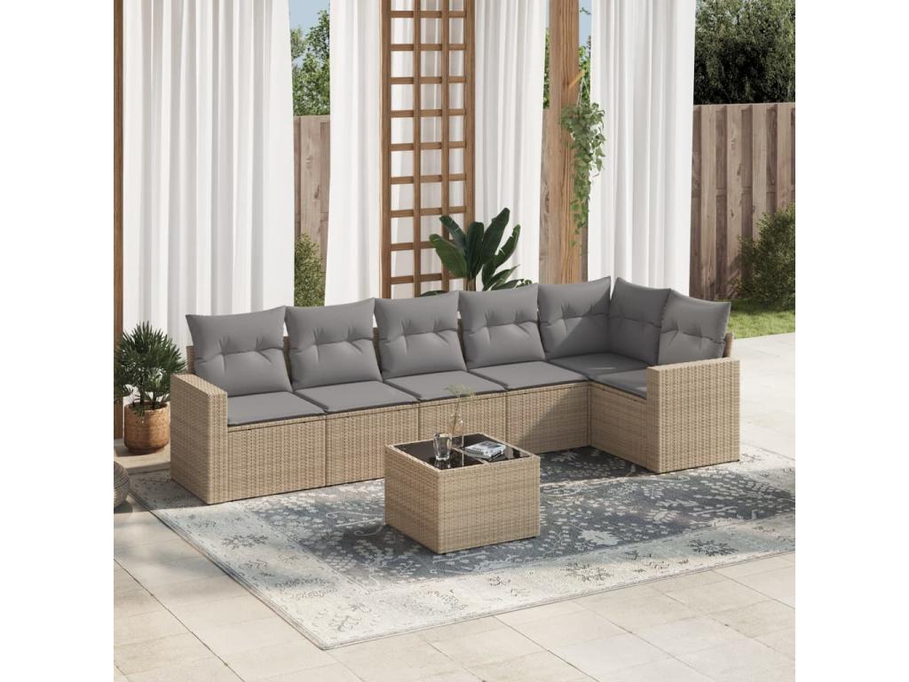 Salon de jardin avec coussins 7 pièces beige résine tressée