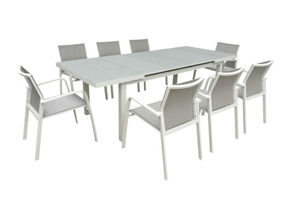 Table de Jardin extensible NICE 180/240cm en aluminium blanc gris et plateau verre blanc gris