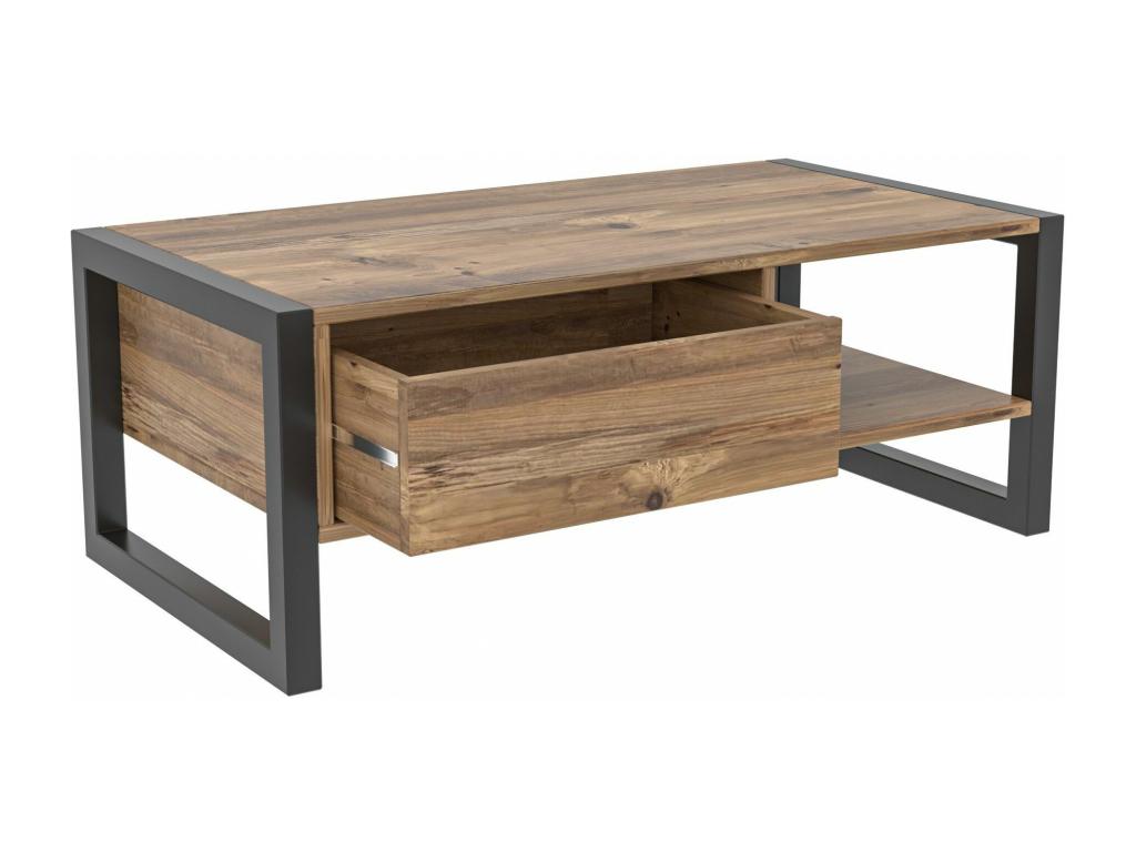 Table basse style industriel avec tiroir Vertchez L105cm Bois foncé et Métal Noir