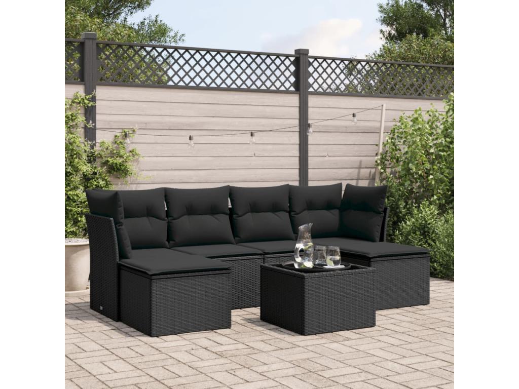 Salon de jardin 7 pcs avec coussins noir résine tressée