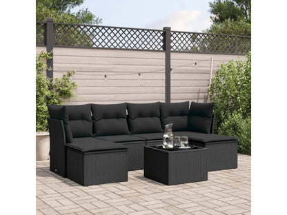 Salon de jardin 7 pcs avec coussins noir résine tressée