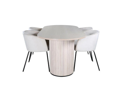 Meublita ensemble table table plaqué chêne blanc lavé et 4 Meublita chaises Velours beige.