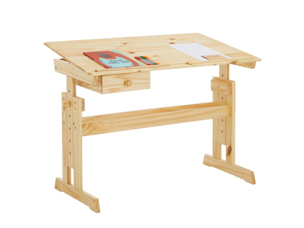Bureau enfant écolier Meublita FLEXI table à dessin réglable en hauteur et pupitre inclinable avec 1tiroir en pin massif vernis nature