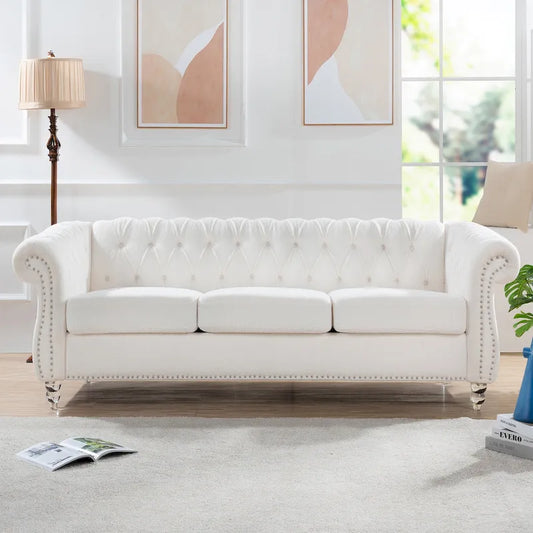 Nordic White Tufted Rolled Arm Upholstered Sofa - 32.09 x 84.65 x 28.35