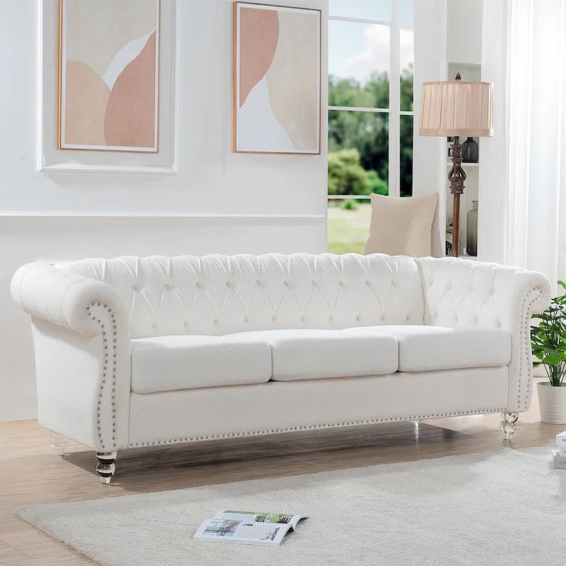 Canapé capitonné blanc nordique à accoudoirs roulés - 32,09 x 84,65 x 28,35