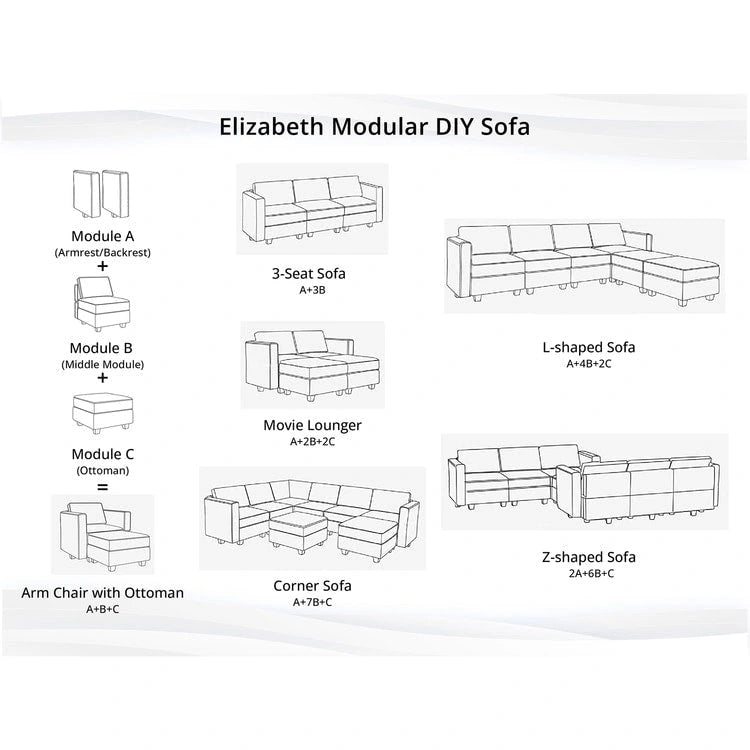 Collection de canapés d'angle modulaires convertibles modernes à monter soi-même - Modules pouf, central et accoudoirs en option