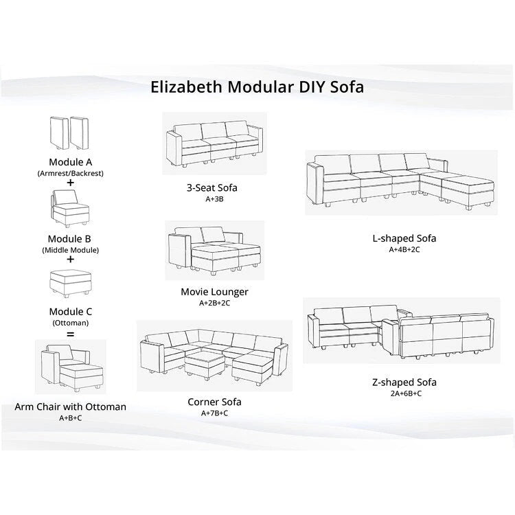 Collection de canapés d'angle modulaires convertibles modernes à monter soi-même - Modules pouf, central et accoudoirs en option