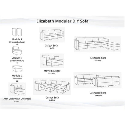 Collection de canapés d'angle modulaires convertibles modernes à monter soi-même - Modules pouf, central et accoudoirs en option