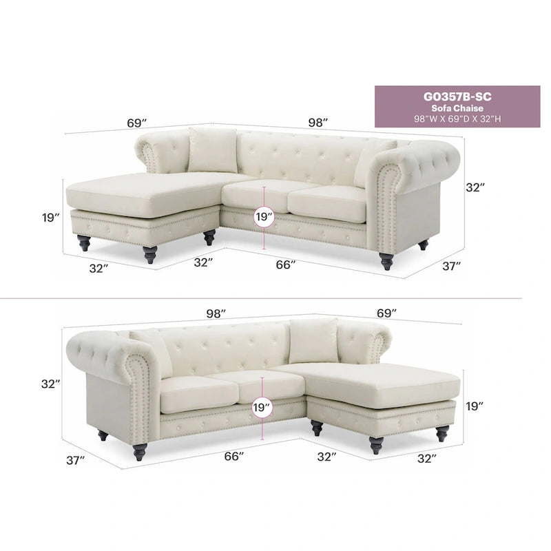Canapé 3 places Nola 249 cm en velours avec 2 coussins décoratifs - 249 cm (L) x 94 cm (l) x 79 cm (H)