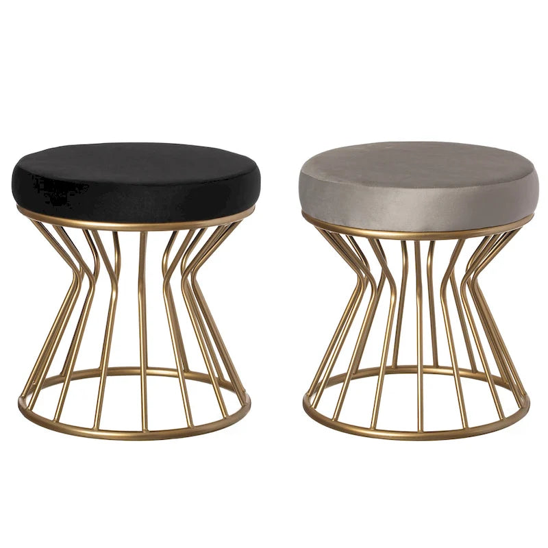 Tabouret rond moderne en velours avec piètement en métal doré courbé, pouf standard