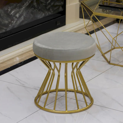 Tabouret rond moderne en velours avec piètement en métal doré courbé, pouf standard