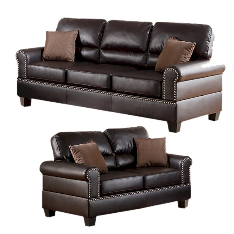 Ensemble canapé 2 pièces en cuir reconstitué marron avec coussins