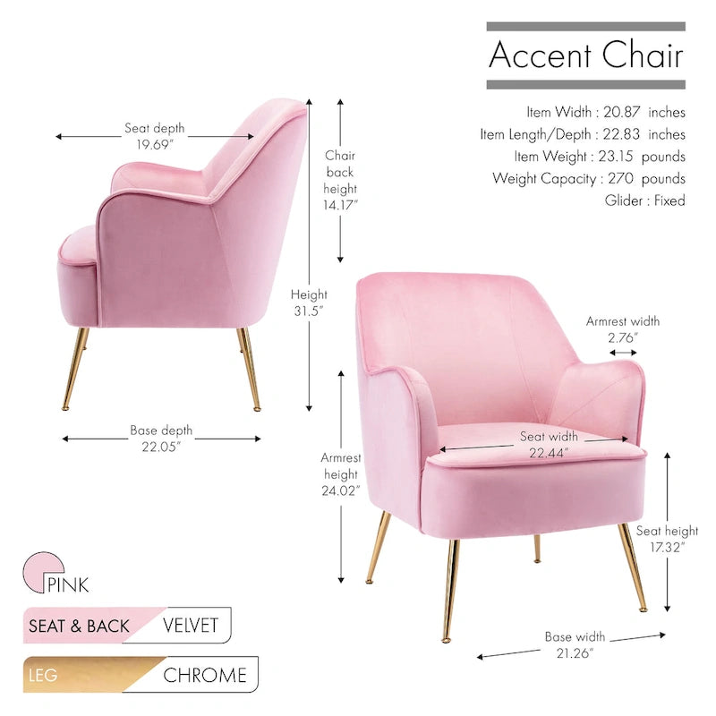 Fauteuil d'appoint rembourré en velours Adora de Porthos Home avec pieds chromés dorés