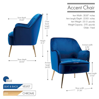 Fauteuil d'appoint rembourré en velours Adora de Porthos Home avec pieds chromés dorés