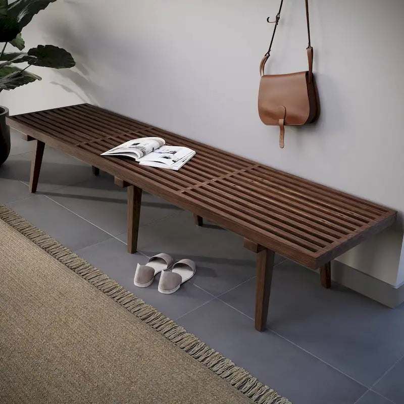 Banc d'entrée en bois massif, banc de coiffeuse plateforme en bois d'hévéa avec design à lattes pour le salon et la chambre à coucher