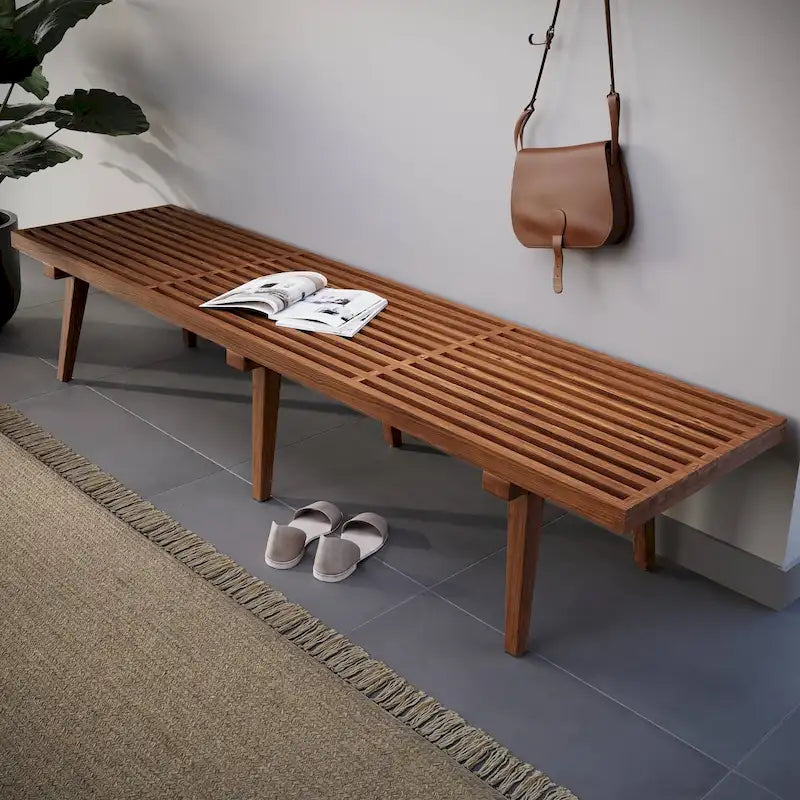 Banc d'entrée en bois massif, banc de coiffeuse plateforme en bois d'hévéa avec design à lattes pour le salon et la chambre à coucher