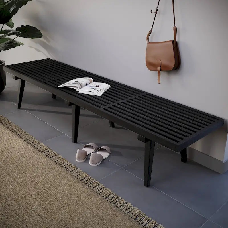 Banc d'entrée en bois massif, banc de coiffeuse plateforme en bois d'hévéa avec design à lattes pour le salon et la chambre à coucher