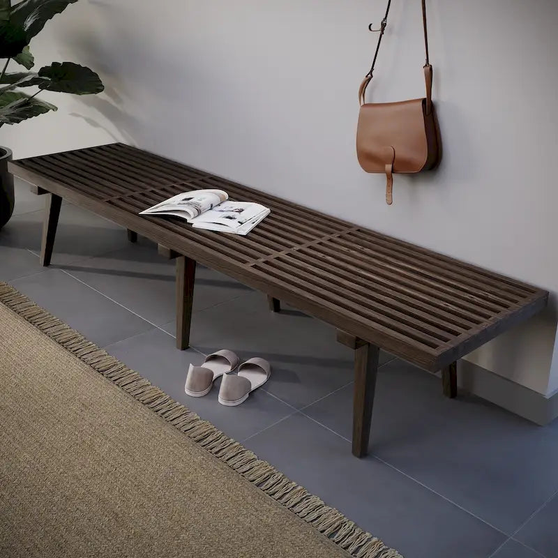 Banc d'entrée en bois massif, banc de coiffeuse plateforme en bois d'hévéa avec design à lattes pour le salon et la chambre à coucher