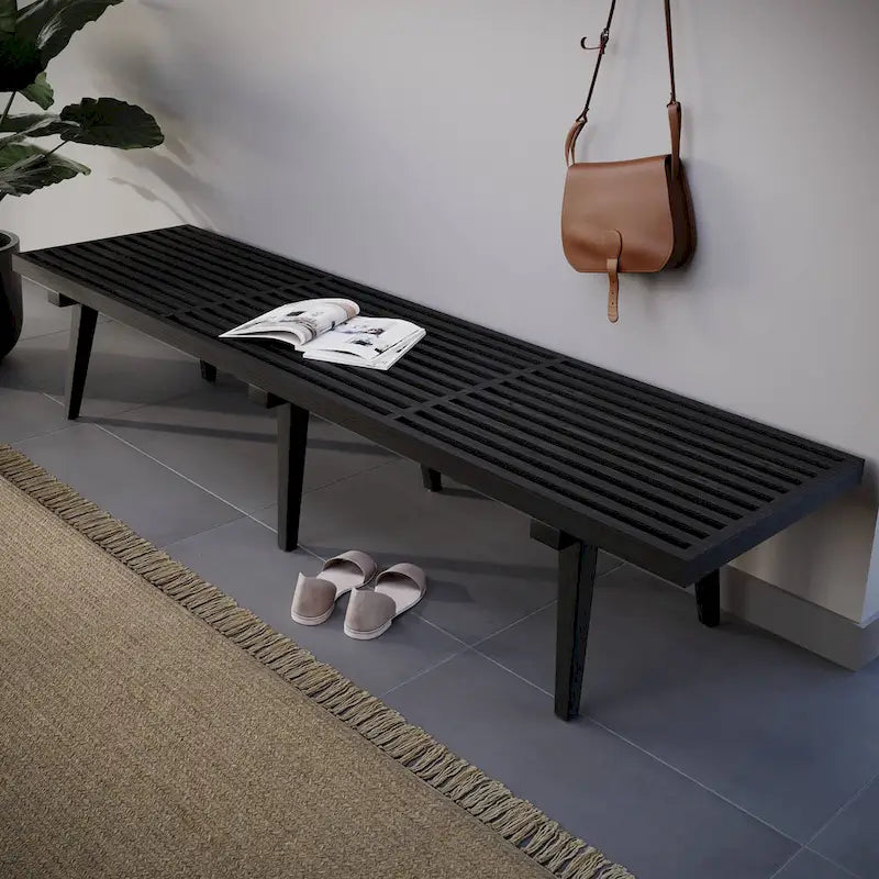 Solid Wood Entryway Bench Rubberwood Platform Vanity Bench with Slatted Design for Living Room & Bedroom Furniture