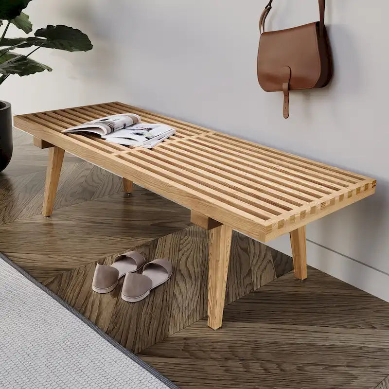 Banc d'entrée en bois massif, banc de coiffeuse plateforme en bois d'hévéa avec design à lattes pour le salon et la chambre à coucher