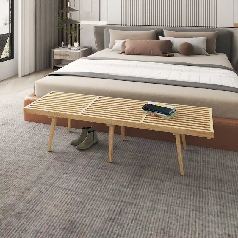 Banc d'entrée en bois massif, banc de coiffeuse plateforme en bois d'hévéa avec design à lattes pour le salon et la chambre à coucher