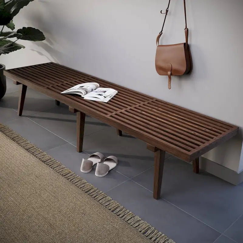 Banc d'entrée en bois massif, banc de coiffeuse plateforme en bois d'hévéa avec design à lattes pour le salon et la chambre à coucher