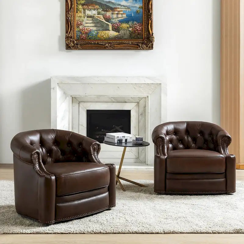 Ensemble de 2 fauteuils pivotants Felipe en cuir véritable moderne avec dossier capitonné par HULALA HOME