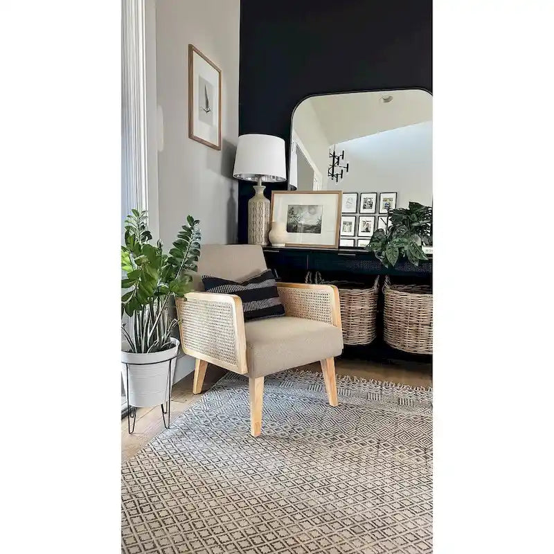 Rattan Armrest Fabric Upholstered Accent Chair