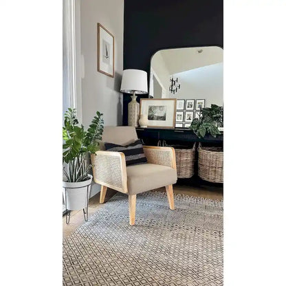 Rattan Armrest Fabric Upholstered Accent Chair