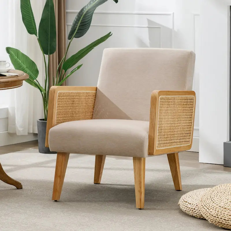 Fauteuil d'appoint en rotin avec accoudoirs et revêtement en tissu