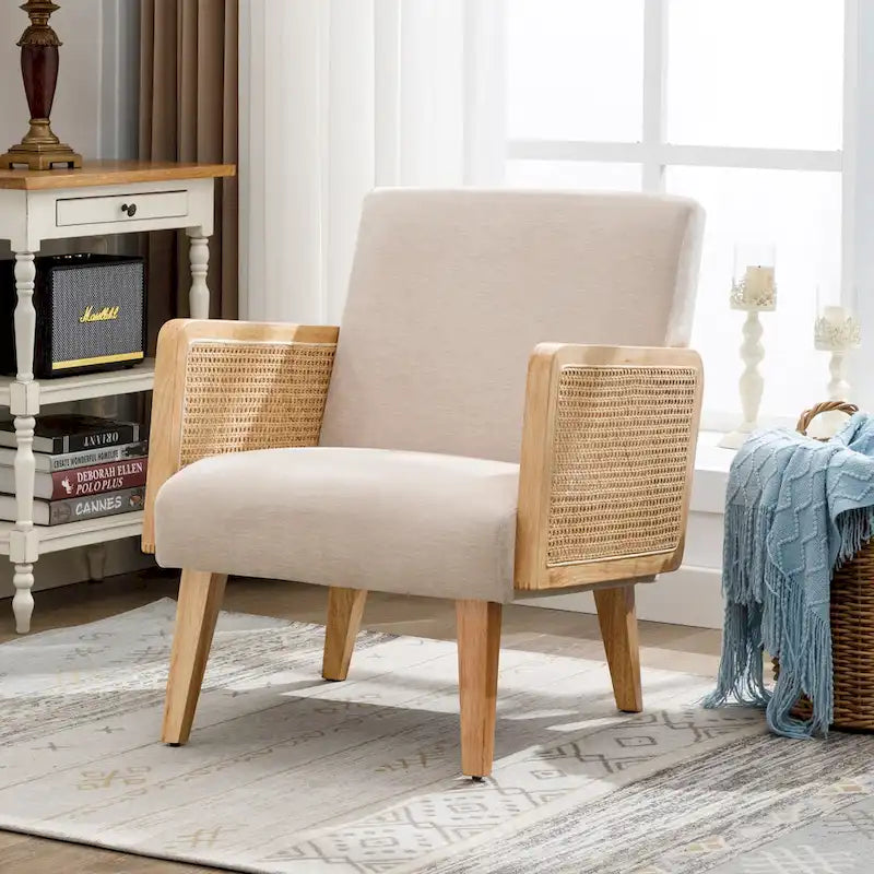 Fauteuil d'appoint en rotin avec accoudoirs et revêtement en tissu
