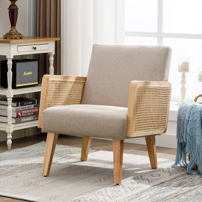 Fauteuil d'appoint en rotin avec accoudoirs et revêtement en tissu