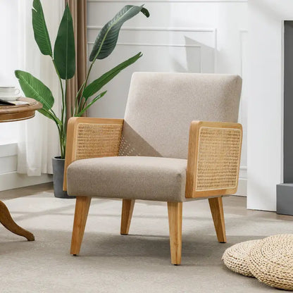 Fauteuil d'appoint en rotin avec accoudoirs et revêtement en tissu