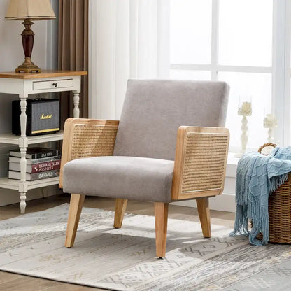 Fauteuil d'appoint en rotin avec accoudoirs et revêtement en tissu