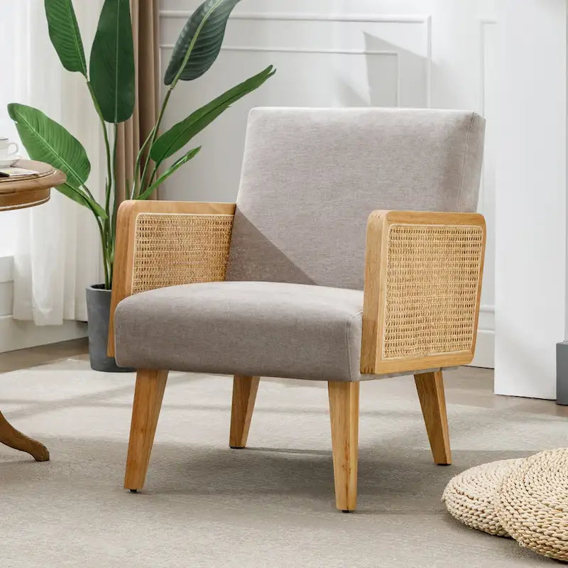 Fauteuil d'appoint en rotin avec accoudoirs et revêtement en tissu