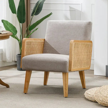 Fauteuil d'appoint en rotin avec accoudoirs et revêtement en tissu